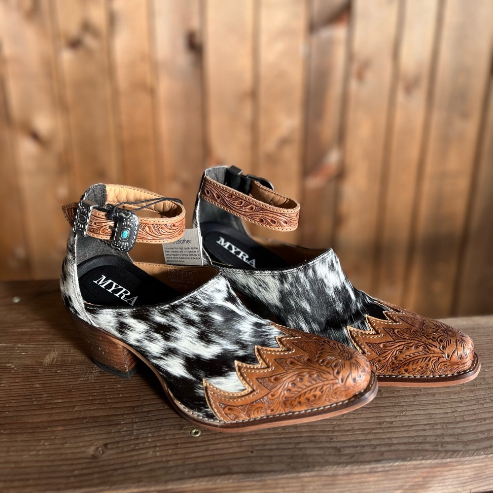 New Hand-Tooled Leather  strap Genuine Hide-On Women Bootie Boot Boho Western - Picture 6 of 11